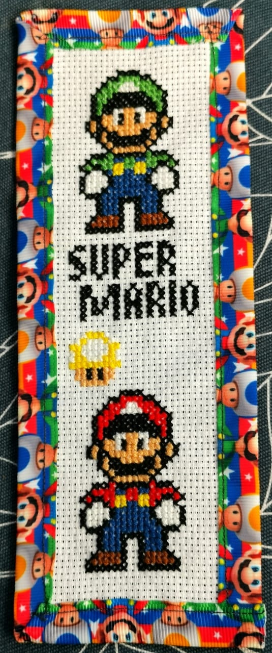 SUPER MARIO Grosgrain Ribbon BookMark with customized name FINISHED/COMPLETED Counted Cross Stitch