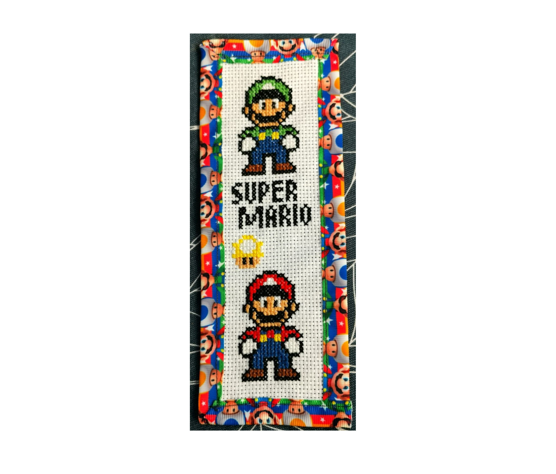 SUPER MARIO Grosgrain Ribbon BookMark with customized name FINISHED/COMPLETED Counted Cross Stitch