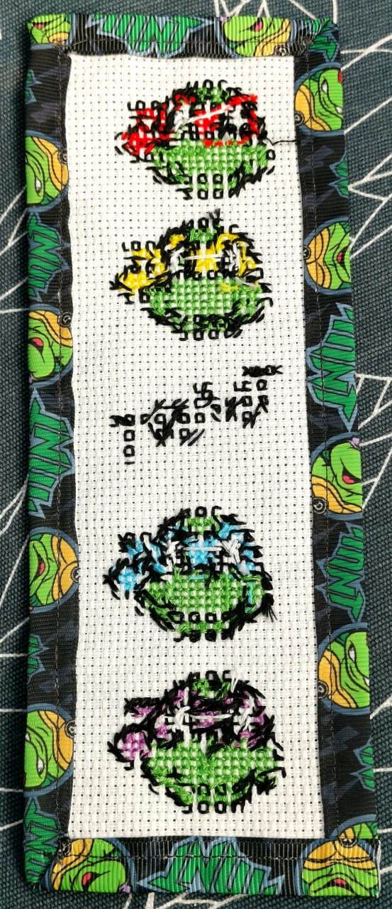 TEENAGE MUTANT NINJA TURTLES TMNT Grosgrain Ribbon BookMark with customized name FINISHED/COMPLETED Counted Cross Stitch