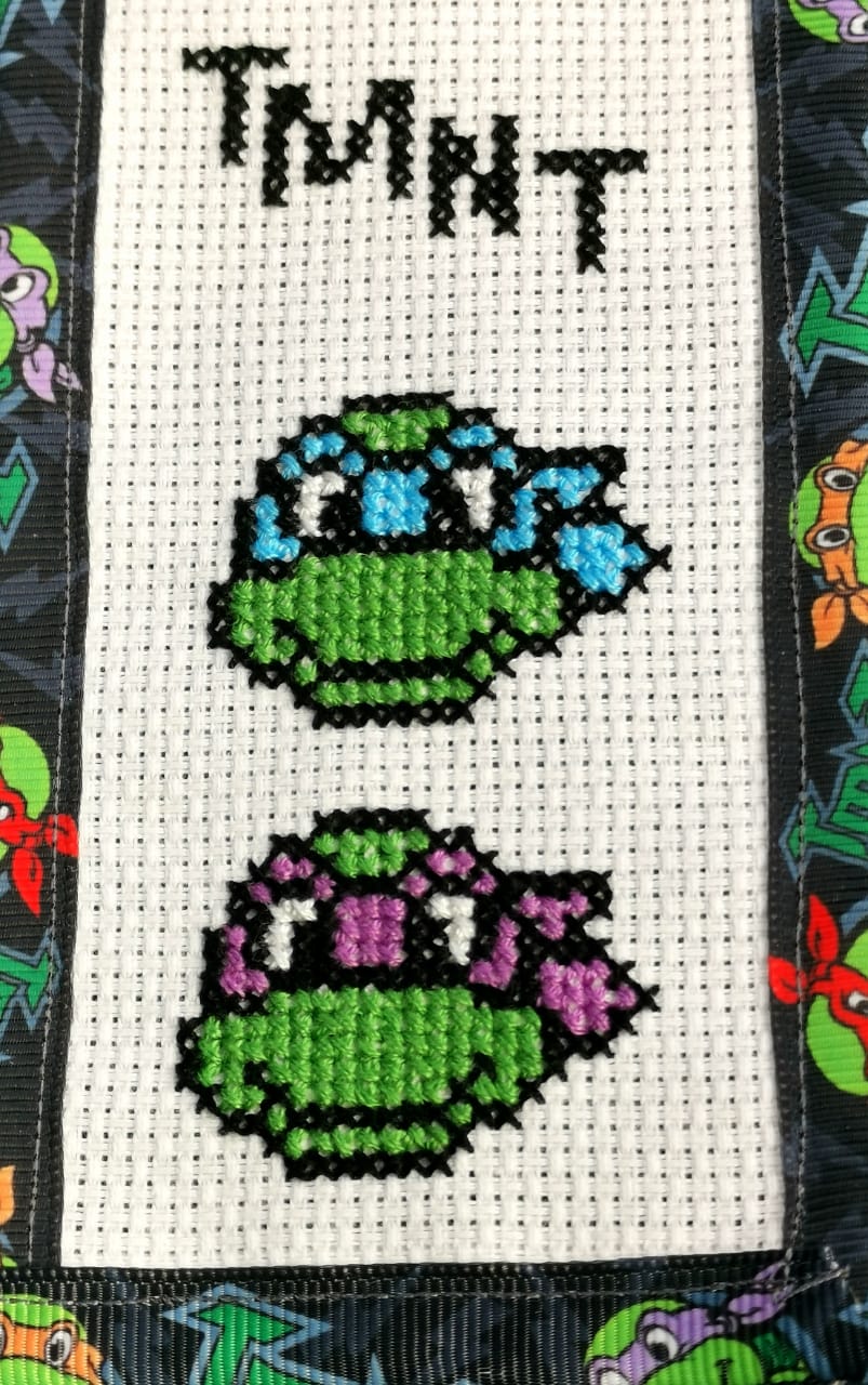 TEENAGE MUTANT NINJA TURTLES TMNT Grosgrain Ribbon BookMark with customized name FINISHED/COMPLETED Counted Cross Stitch