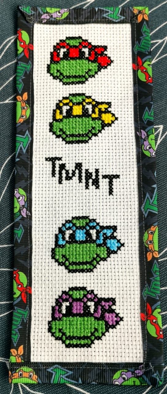 TEENAGE MUTANT NINJA TURTLES TMNT Grosgrain Ribbon BookMark with customized name FINISHED/COMPLETED Counted Cross Stitch