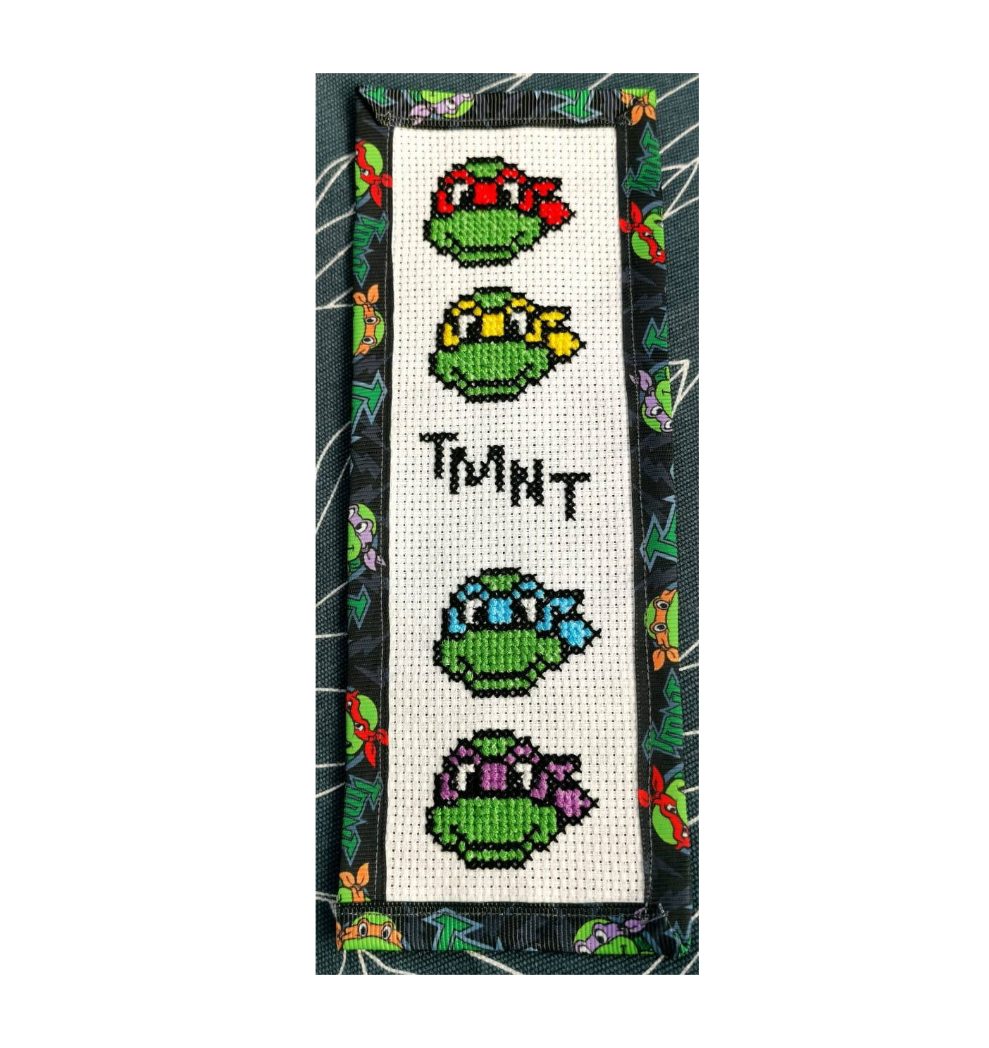 TEENAGE MUTANT NINJA TURTLES TMNT Grosgrain Ribbon BookMark with customized name FINISHED/COMPLETED Counted Cross Stitch