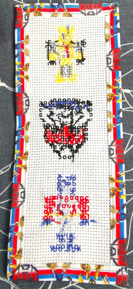 TRANSFORMERS OPTIMUS PRIME BUMBLEBEE Grosgrain Ribbon BookMark with customized name FINISHED/COMPLETED Counted Cross Stitch