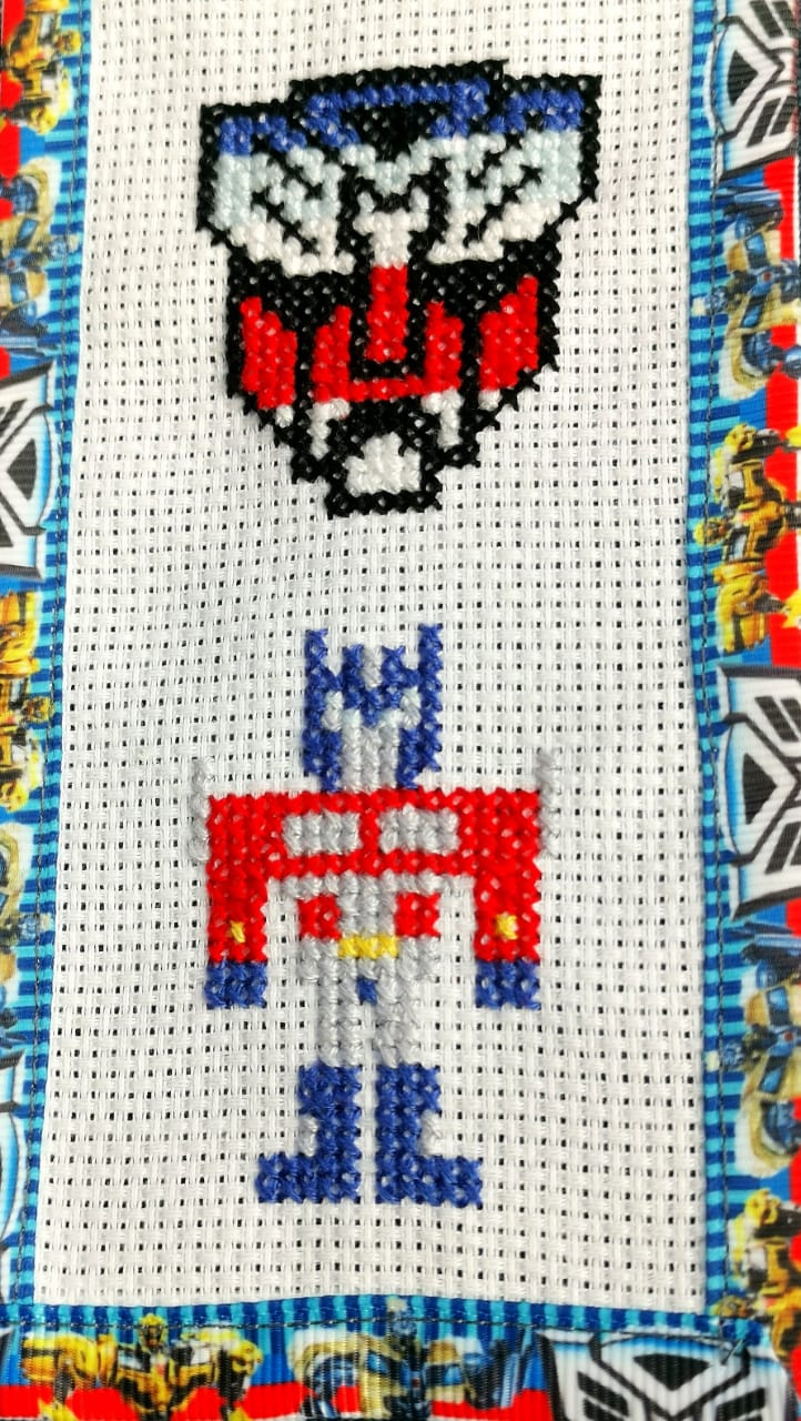 TRANSFORMERS OPTIMUS PRIME BUMBLEBEE Grosgrain Ribbon BookMark with customized name FINISHED/COMPLETED Counted Cross Stitch