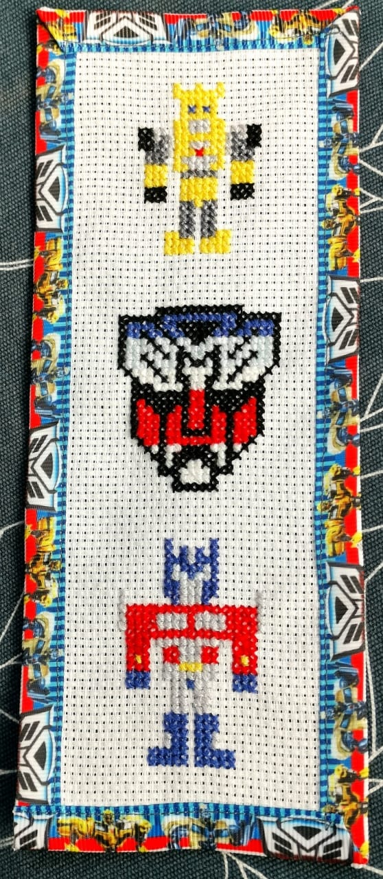 TRANSFORMERS OPTIMUS PRIME BUMBLEBEE Grosgrain Ribbon BookMark with customized name FINISHED/COMPLETED Counted Cross Stitch