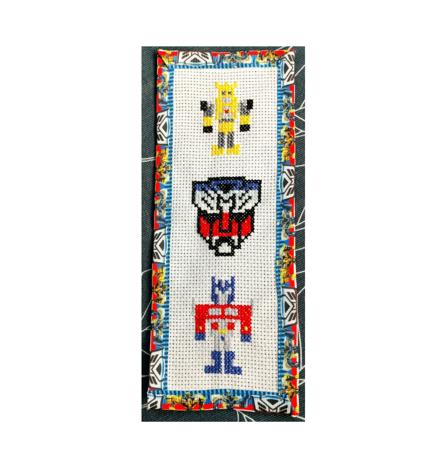 TRANSFORMERS OPTIMUS PRIME BUMBLEBEE Grosgrain Ribbon BookMark with customized name FINISHED/COMPLETED Counted Cross Stitch