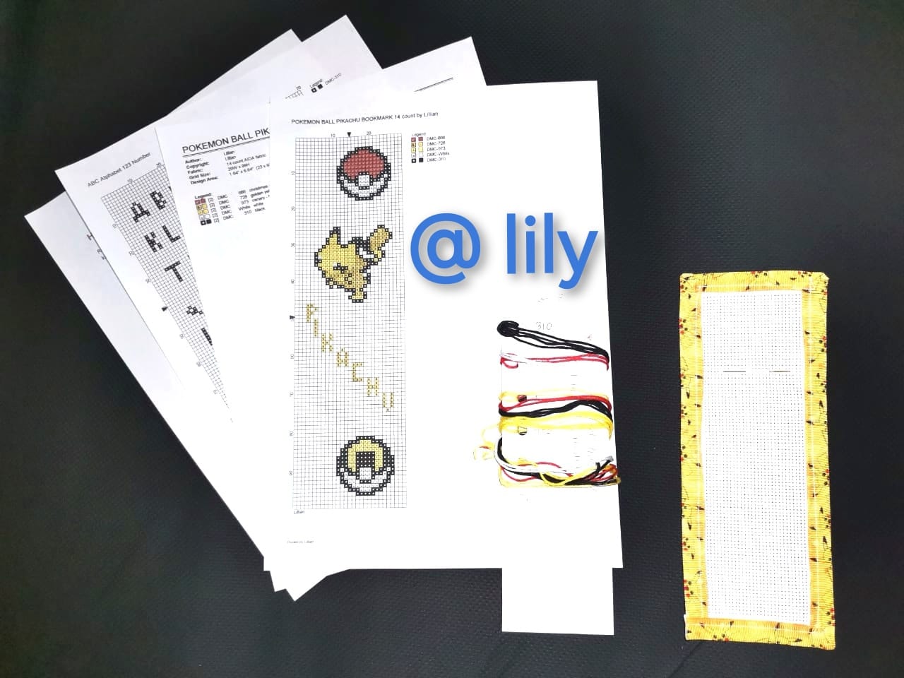 POKEMON PIKACHU BALL Grosgrain Ribbon BookMark with customized name Counted Cross Stitch KIT
