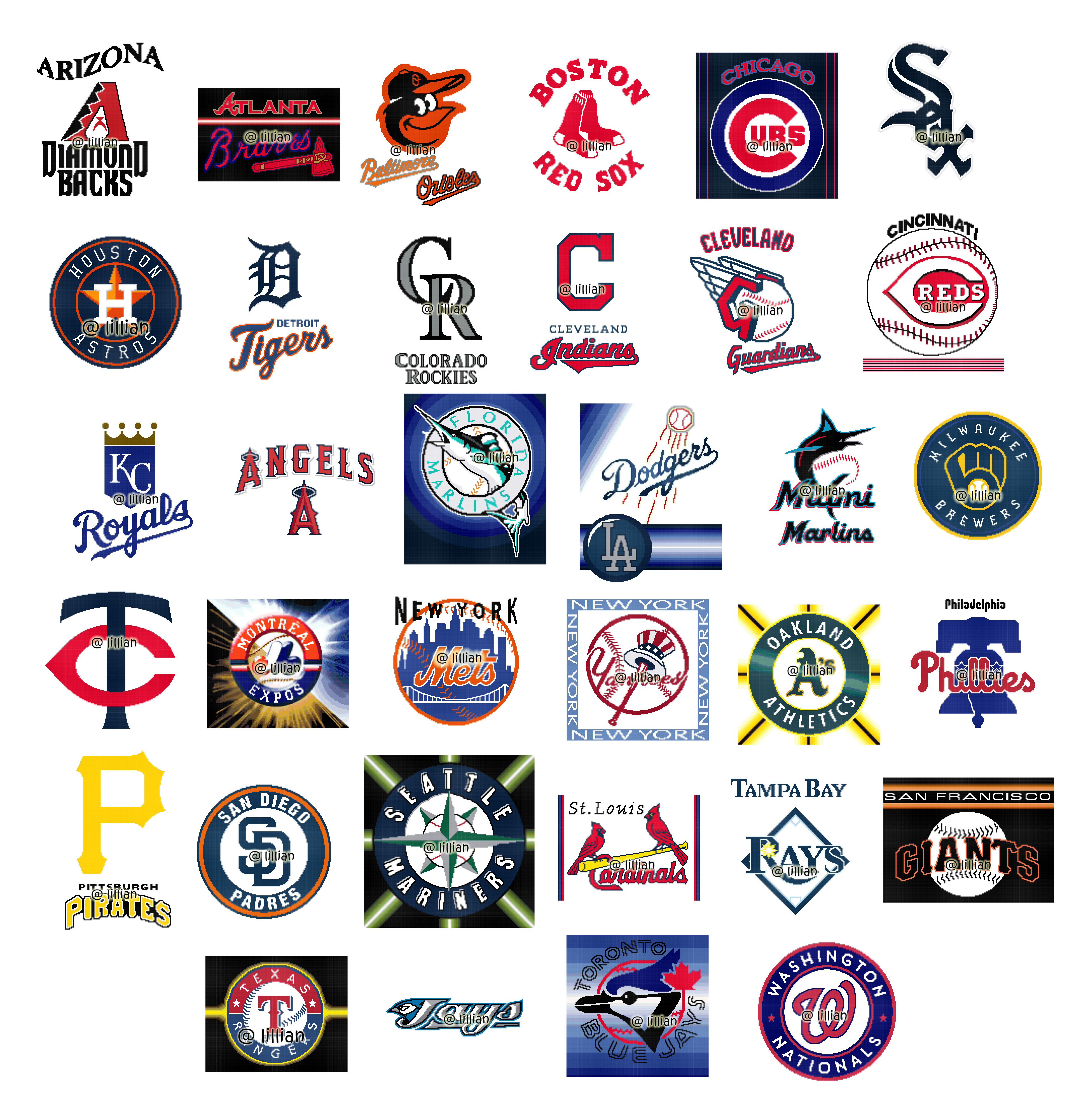 PDF ~ MLB BaseBall Set of 34 BOSTON ARIZONA BALTIMORE CLEVELAND DETROIT HOUSTON MIAMI NEW YORK Counted Cross Stitch PATTERNS