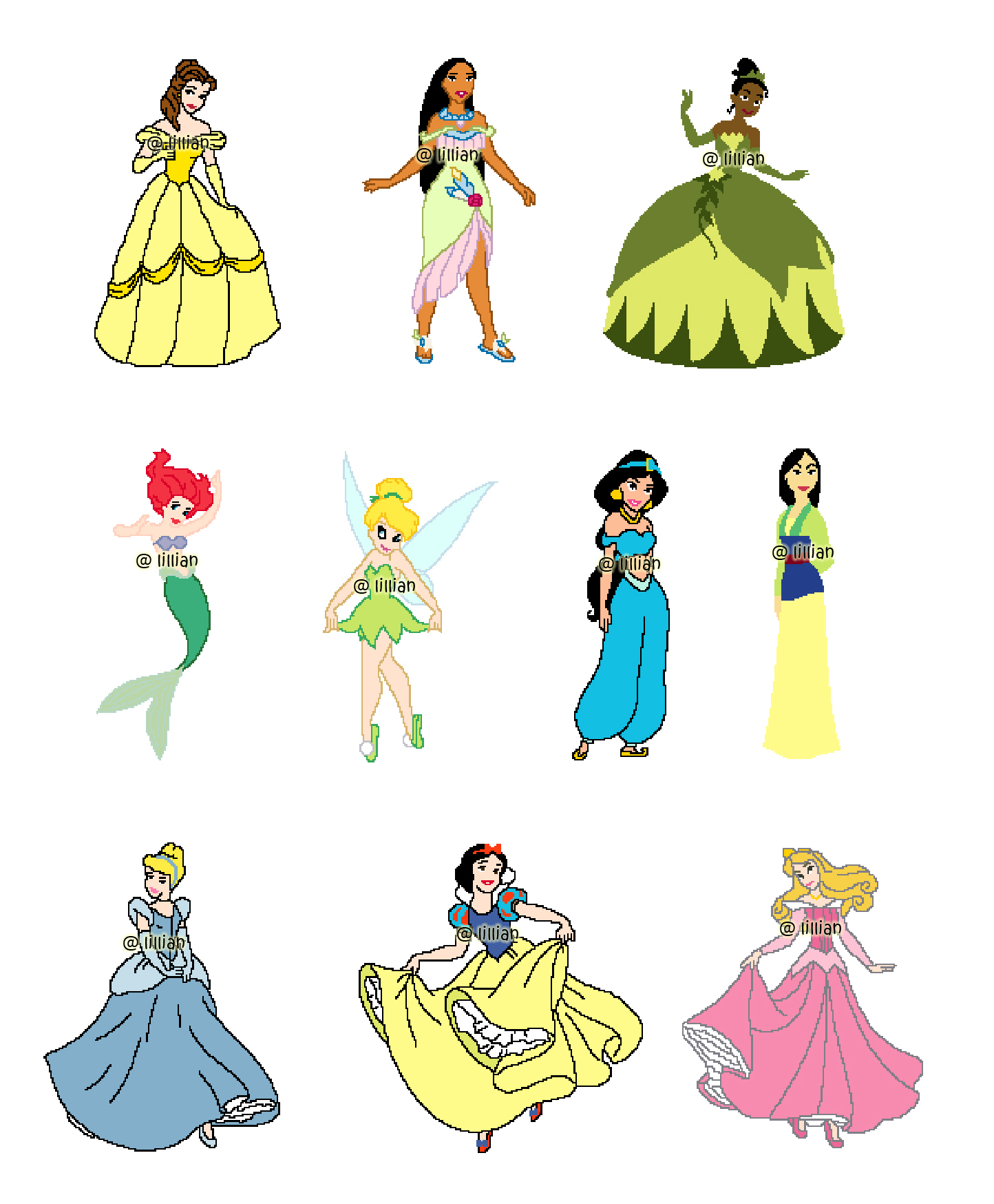 PDF ~ PRINCESS Set of 10 BELLE JASMINE TIANA ARIEL TINKERBELL MULAN CINDERELLA SNOW WHITE SLEEPING BEAUTY Counted Cross Stitch PATTERNS