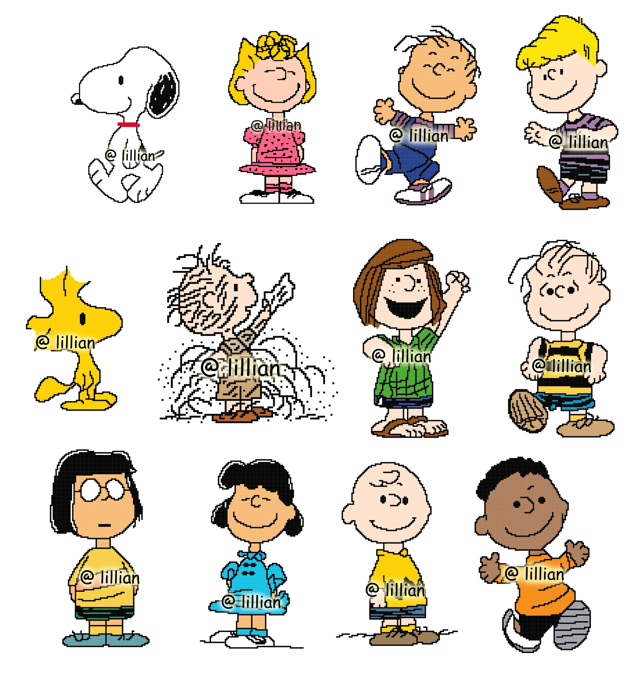 PDF ~ SNOOPY B Set of 12 CHARLIE BROWN SALLY WOODSTOCK LUCY LINUS FRANKLIN Counted Cross Stitch PATTERNS