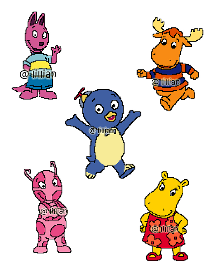 PDF ~ THE BACKARDIGANS Set of 5 PABLO AUSTIN TASHA TYRONE UNIQUA Counted Cross Stitch PATTERNS