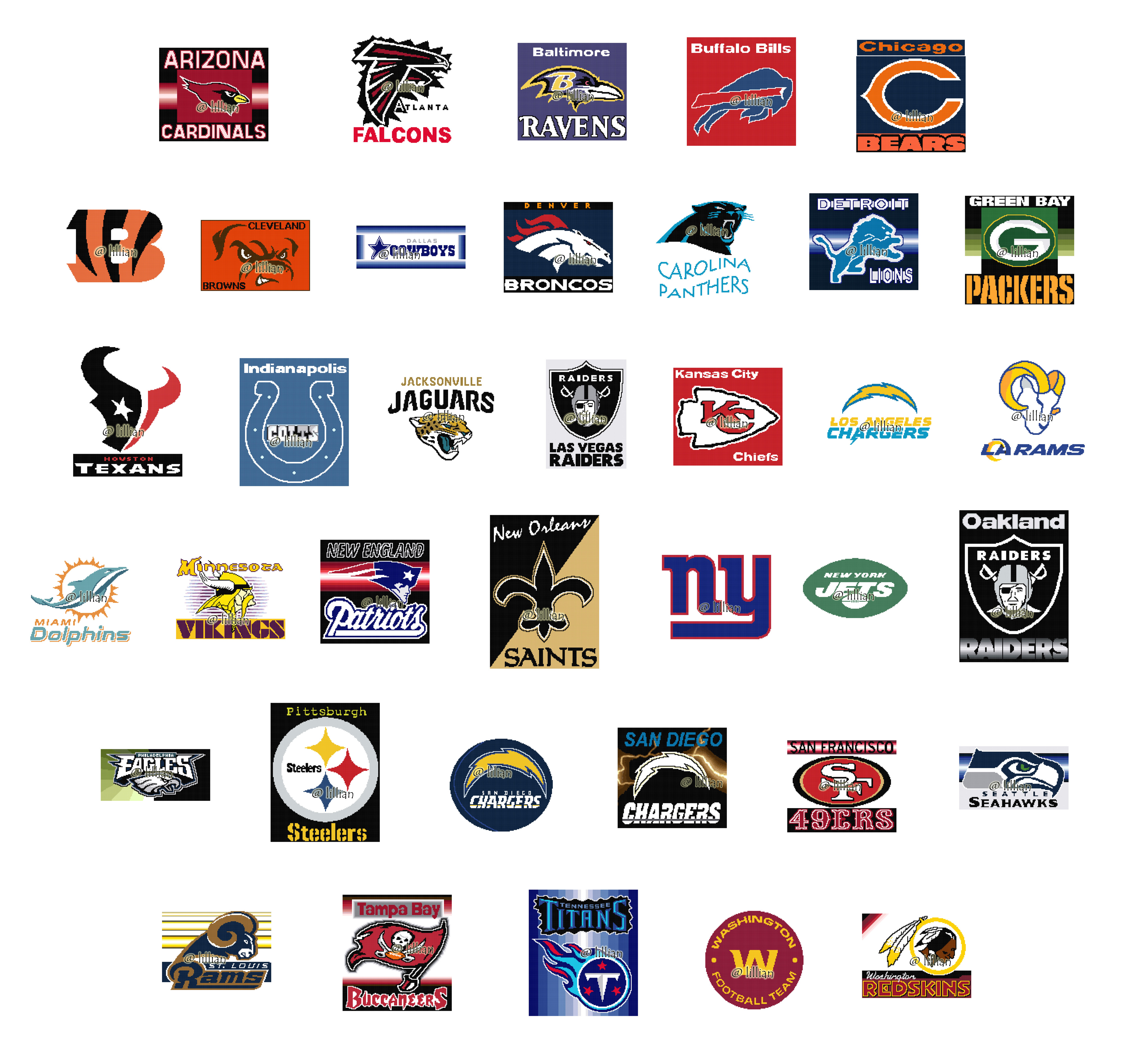 PDF ~ NFL FootBall Soccer Set of 37 DETROIT LIONS MIAMI DOLPHINS NEW YORK JETS Counted Cross Stitch PATTERNS