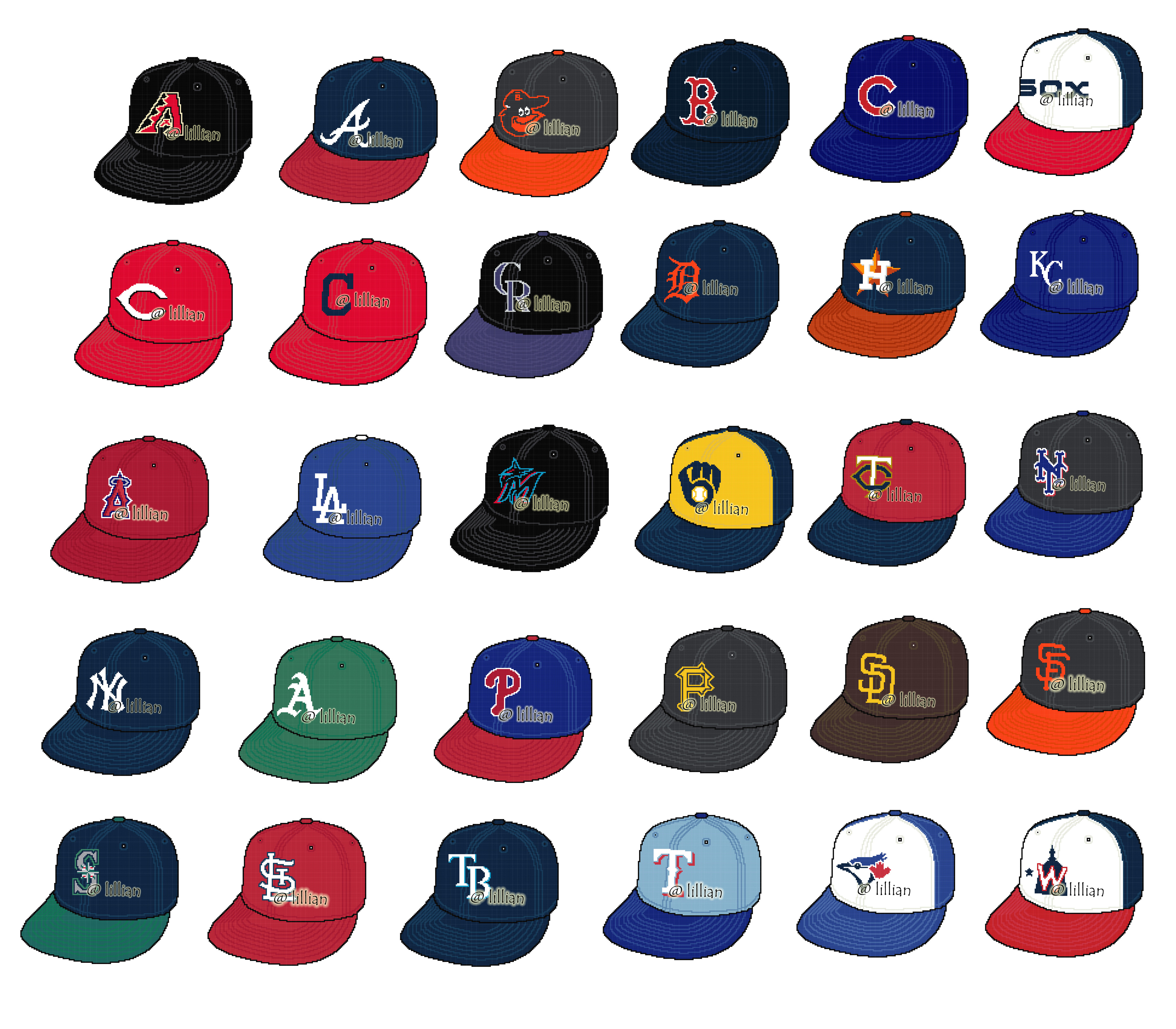 PDF ~ MLB BaseBall Cap Hat Set of 30 BOSTON ARIZONA BALTIMORE CLEVELAND DETROIT HOUSTON MIAMI NEW YORK Counted Cross Stitch PATTERNS