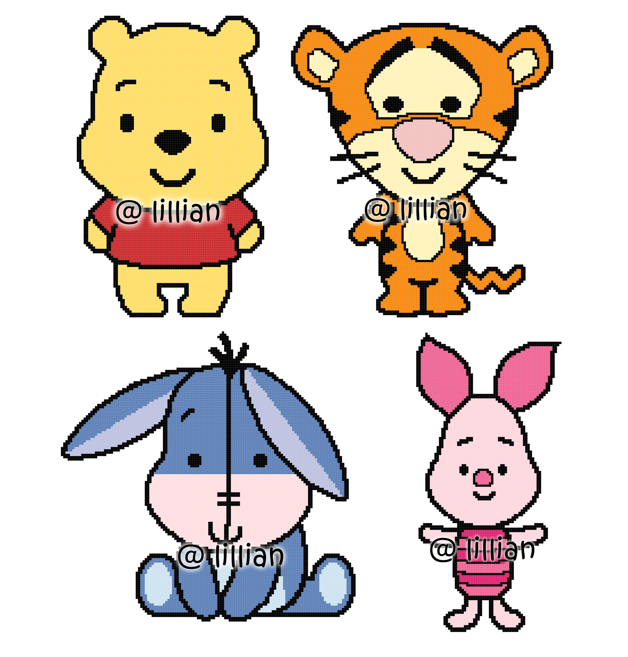 PDF ~ WINNIE THE POOH Set of 4 POOH TIGGER EEYORE PIGLET FRIENDS Counted Cross Stitch PATTERNS