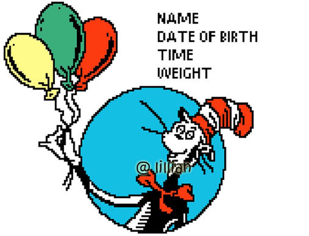 PDF ~ DR SEUSS The Cat In The Hat Balloons Birth Announcement Counted Cross Stitch PATTERN