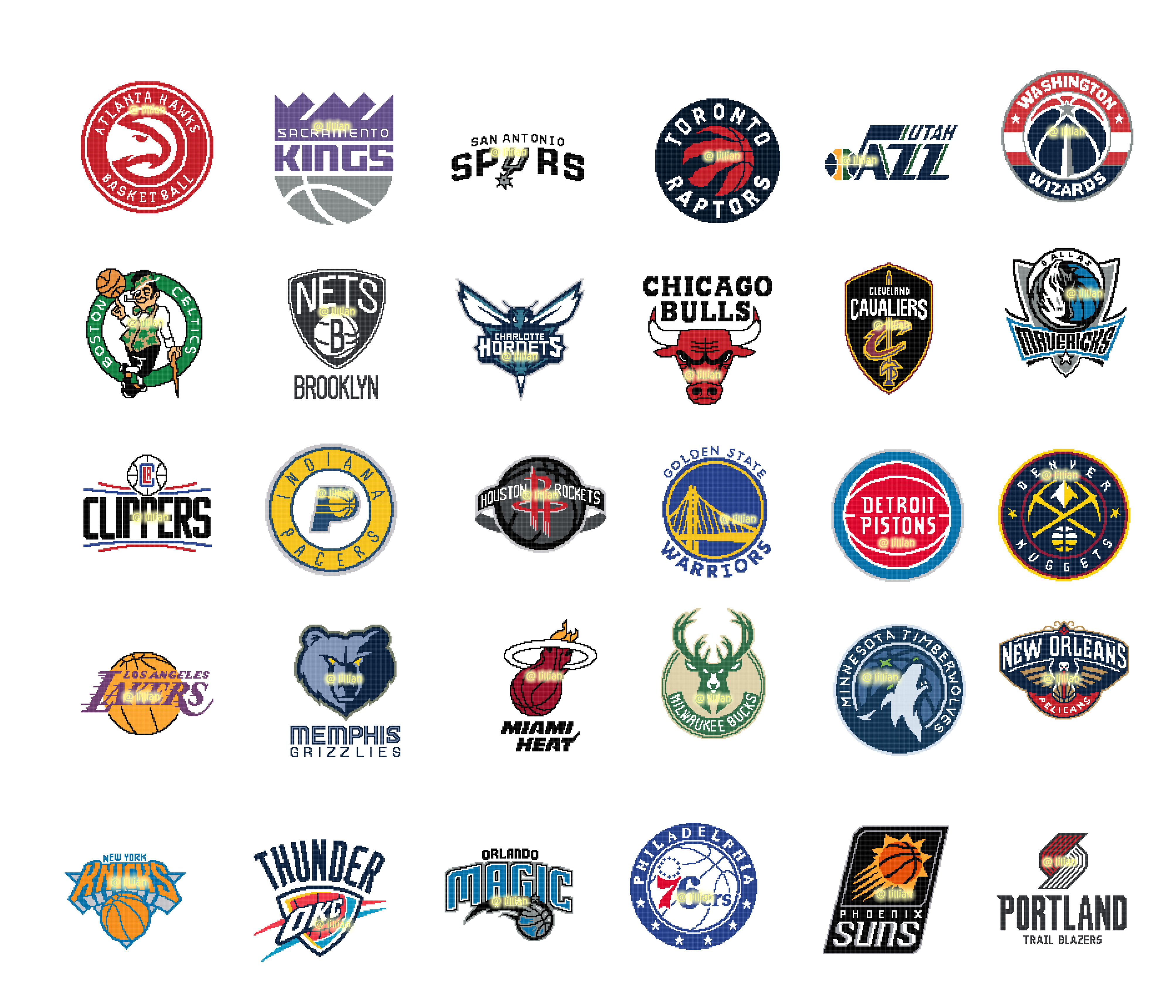 PDF ~ NBA BasketBall Set of 30 ATLANTA HAWKS MINNESOTA TIMBERWOLVES LOS ANGELES LAKERS Counted Cross Stitch PATTERNS