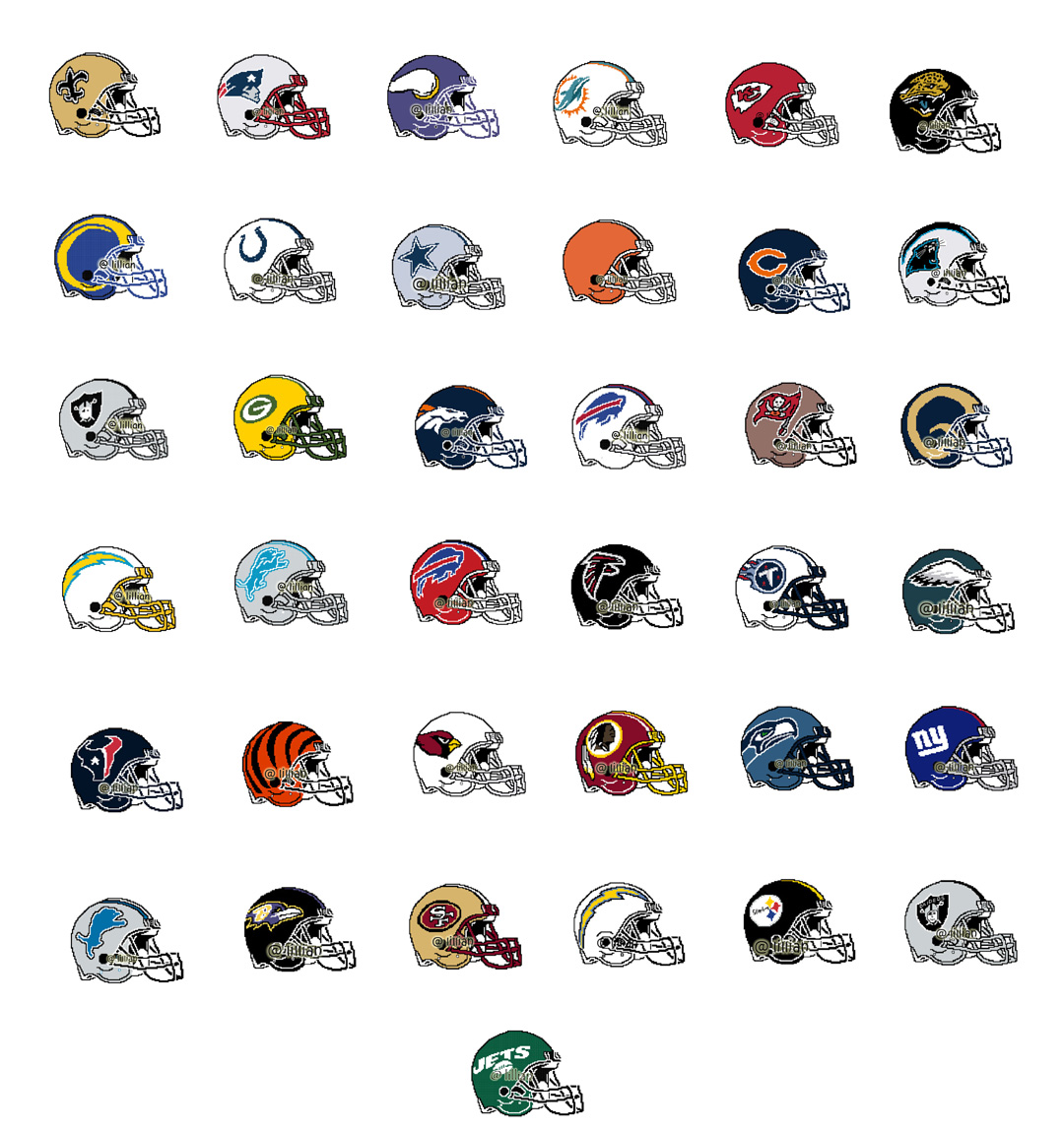 PDF ~ NFL FootBall Soccer Helmet Set of 37 ATLANTA FALCONS DALLAS COWBOYS OAKLAND RAIDERS Counted Cross Stitch PATTERNS