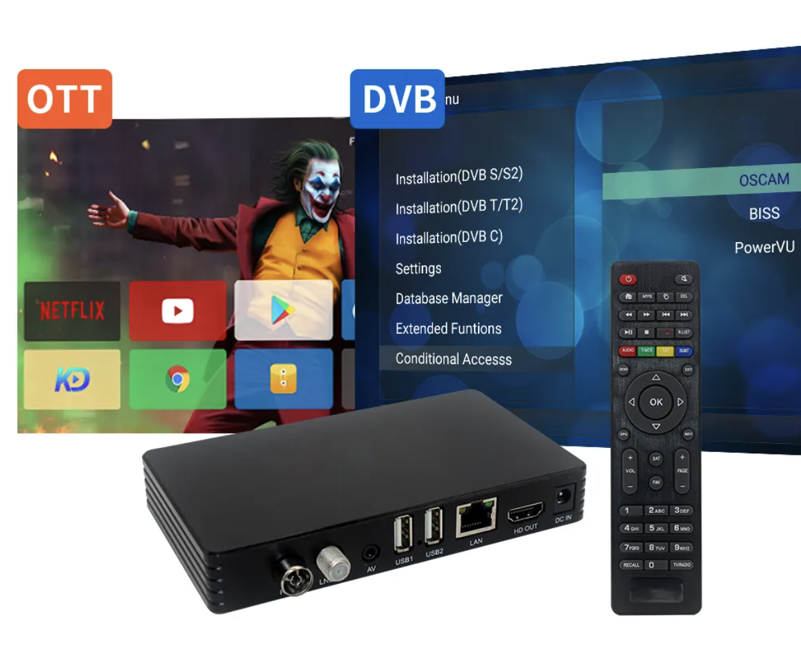 TVB-110 : Hybrid DVB TV Box (DVB-T2/S2/C Support, 8GB RAM + 128GB ROM, AV Input)