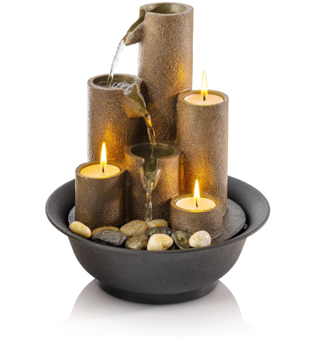  Indoor Tabletop Tiered Water Fountain Featuring 3 Candles for Desktop and Table, 11", Brown