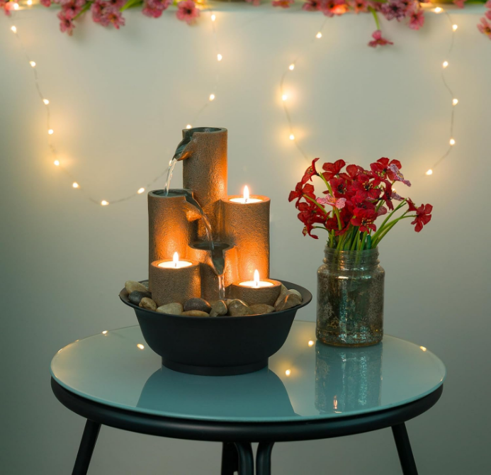  Indoor Tabletop Tiered Water Fountain Featuring 3 Candles for Desktop and Table, 11", Brown