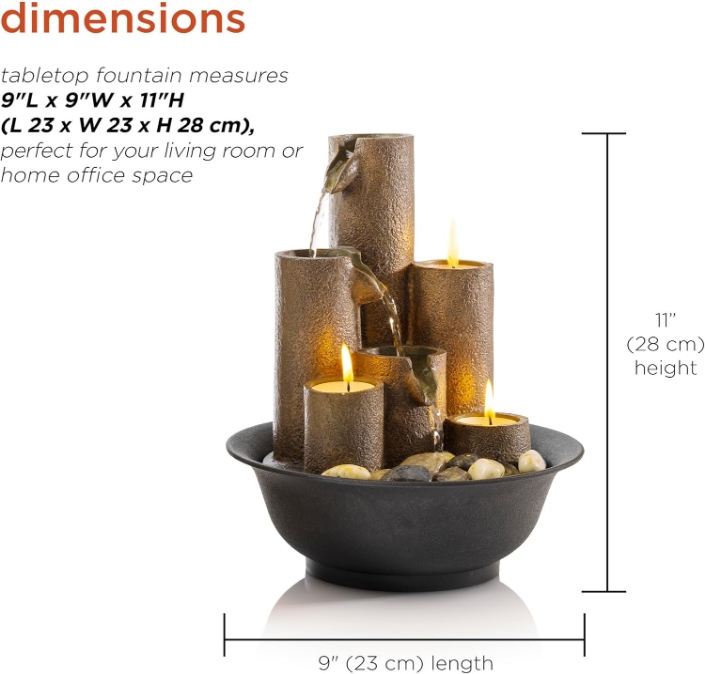  Indoor Tabletop Tiered Water Fountain Featuring 3 Candles for Desktop and Table, 11", Brown