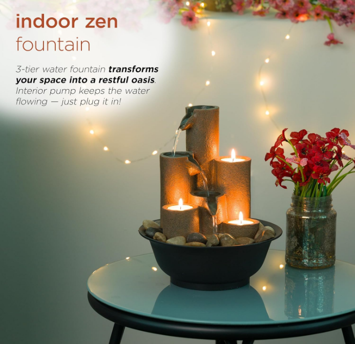  Indoor Tabletop Tiered Water Fountain Featuring 3 Candles for Desktop and Table, 11", Brown