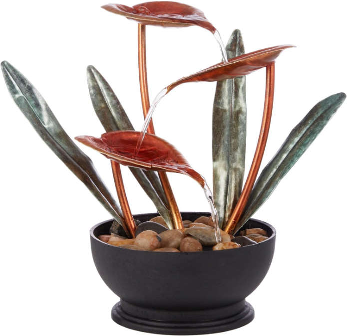 12” Indoor Tabletop Multi-Tiered Metal Tropical Leaf Water Fountain with Stone-Filled Base – Elegant Water Feature for Home & Office Decor