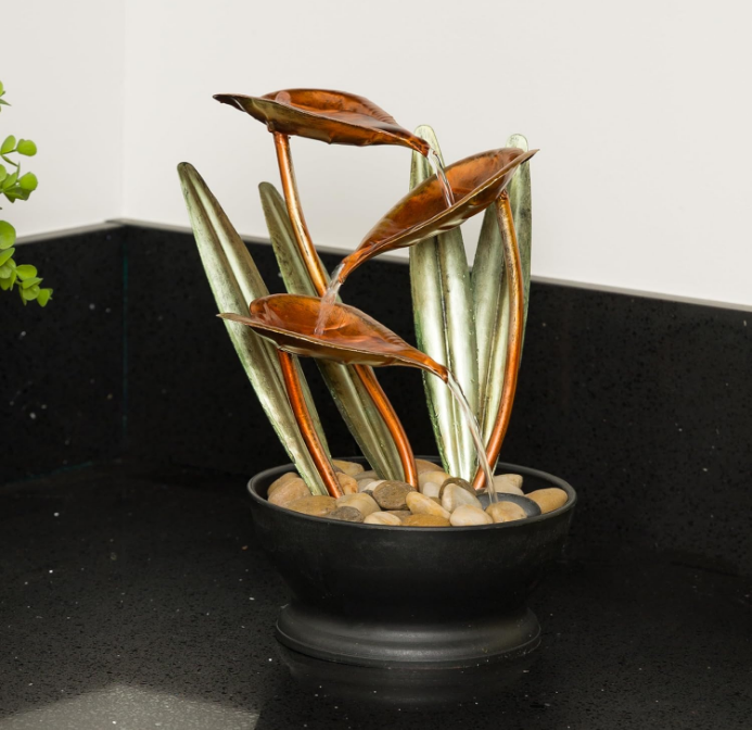 12” Indoor Tabletop Multi-Tiered Metal Tropical Leaf Water Fountain with Stone-Filled Base – Elegant Water Feature for Home & Office Decor