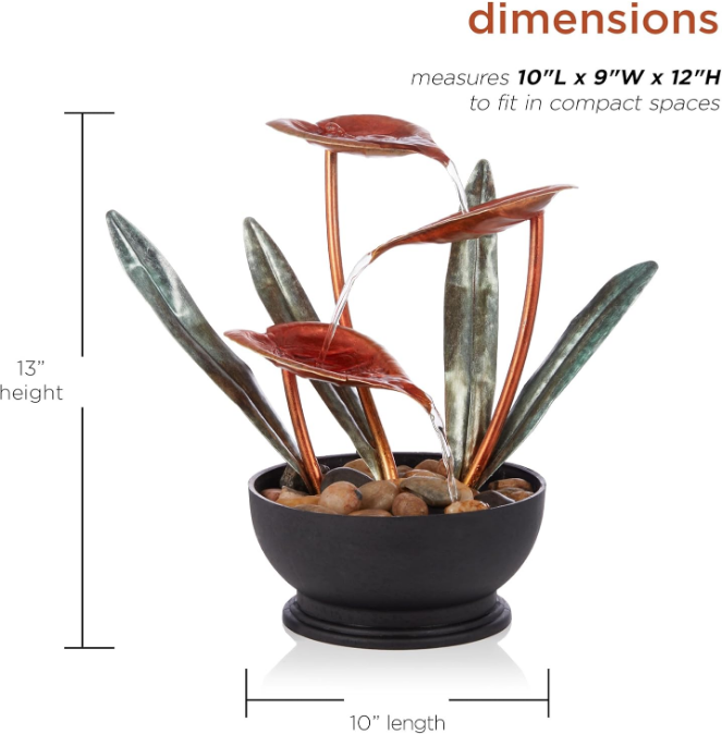 12” Indoor Tabletop Multi-Tiered Metal Tropical Leaf Water Fountain with Stone-Filled Base – Elegant Water Feature for Home & Office Decor
