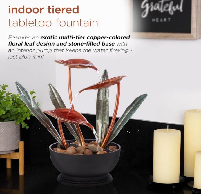12” Indoor Tabletop Multi-Tiered Metal Tropical Leaf Water Fountain with Stone-Filled Base – Elegant Water Feature for Home & Office Decor