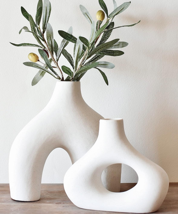 Donut Vase, Set of 2 - Minimalist Nordic, White Ceramic Hollow Donut Vase Decor | Table Centerpiece, Olive Plant, Wedding, Living Room, Bookshelf, Office, Modern Home, Entryway, Console