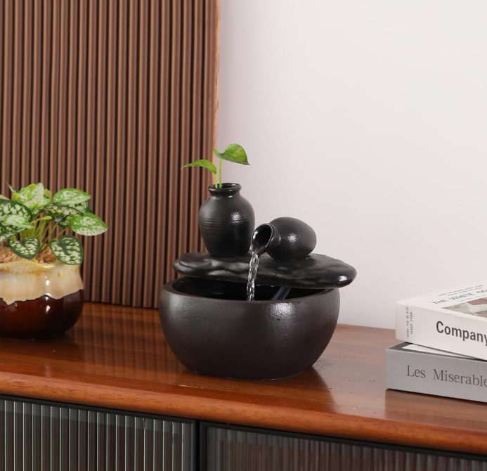Ceramic Tabletop Fountain for Indoor and Home Decoration Table Desk Office Patio (Ceramic Pot Fountain) (Black)