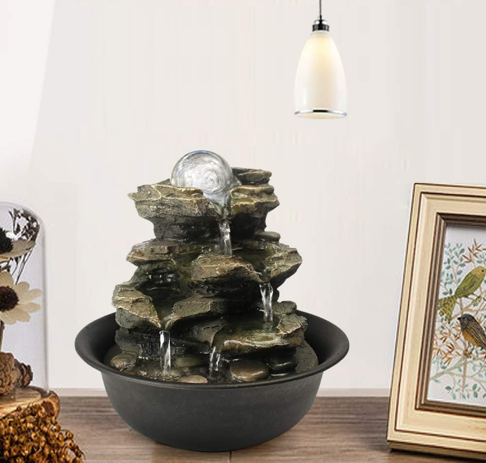 Spinning Orb Rock Cascading Tabletop Fountain, Zen Meditation Indoor Waterfall Feature with LED Light for Home Office Bedroom Relaxation