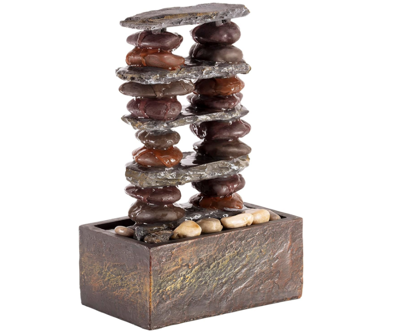 Indoor/Outdoor Tabletop Stacked Rocks Eternity Fountain, Modern Rocks Tabletop Fountain 12", Brown