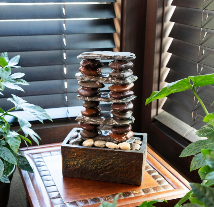 Indoor/Outdoor Tabletop Stacked Rocks Eternity Fountain, Modern Rocks Tabletop Fountain 12", Brown
