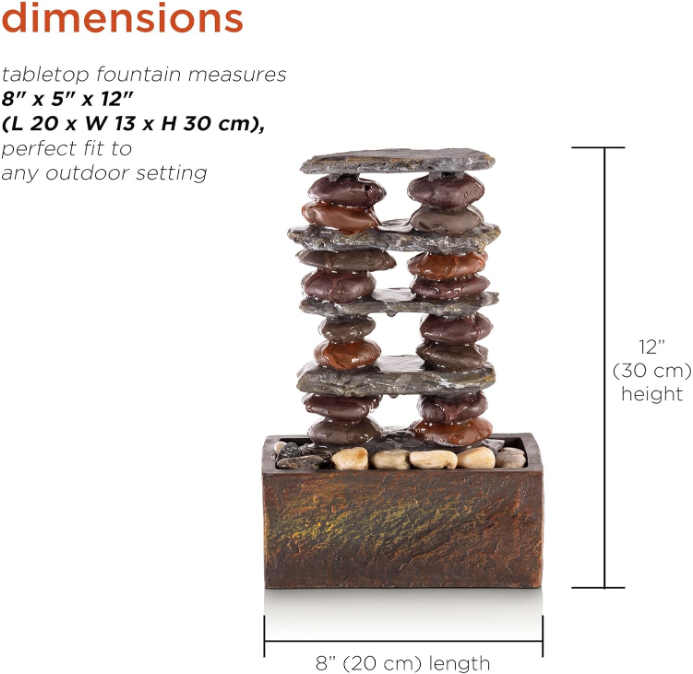 Indoor/Outdoor Tabletop Stacked Rocks Eternity Fountain, Modern Rocks Tabletop Fountain 12", Brown