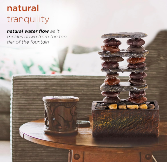 Indoor/Outdoor Tabletop Stacked Rocks Eternity Fountain, Modern Rocks Tabletop Fountain 12", Brown