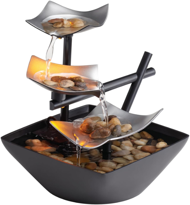 Tabletop Water Fountain, Home Décor Soothing Sound Machine - Automatic Pump, Deep Basin & Natural River Rocks. Indoor Zen Relaxation for Office, Living Room, or Bedroom, 8.25” Tall