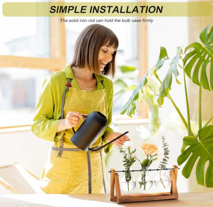 Plant Terrarium with Wooden Stand, Air Planter Bulb Glass Vase Metal Swivel Holder Retro Tabletop for Hydroponics Home Garden Office Decoration - 3 Bulb Vase