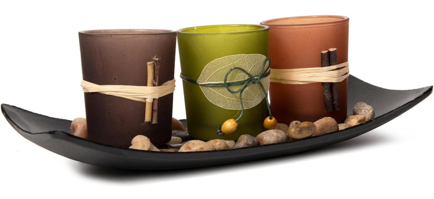 Decorative Votive Candle Holders, Vintage Decor Flameless Candlescape Set, 3 LED Tea Light Candles, Rocks aund Tray (Earth Tones)