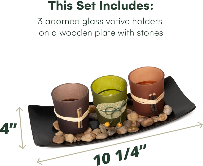 Decorative Votive Candle Holders, Vintage Decor Flameless Candlescape Set, 3 LED Tea Light Candles, Rocks aund Tray (Earth Tones)