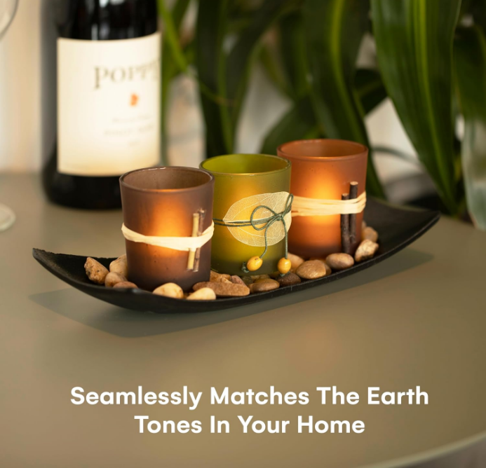 Decorative Votive Candle Holders, Vintage Decor Flameless Candlescape Set, 3 LED Tea Light Candles, Rocks aund Tray (Earth Tones)