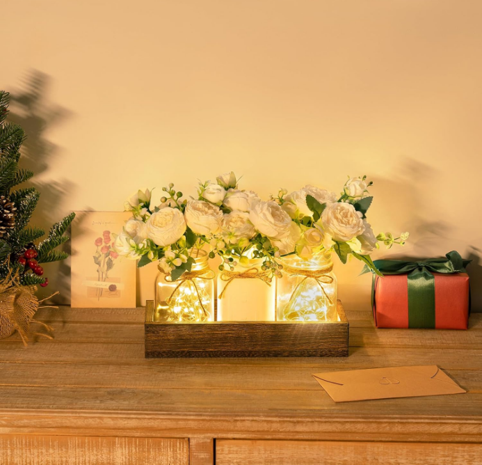 Lights Centerpiece Table Decor for Dining Room Farmhouse Wood Tray with 3 Jars Flowers Center Pieces Spring Decor for Kitchen Living Room