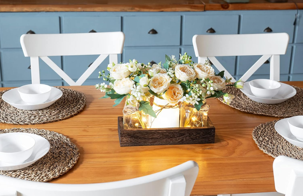 Lights Centerpiece Table Decor for Dining Room Farmhouse Wood Tray with 3 Jars Flowers Center Pieces Spring Decor for Kitchen Living Room