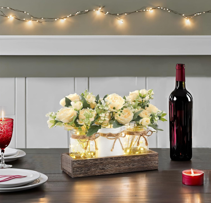 Lights Centerpiece Table Decor for Dining Room Farmhouse Wood Tray with 3 Jars Flowers Center Pieces Spring Decor for Kitchen Living Room