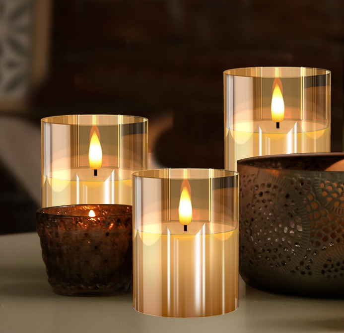 Glass Battery Operated LED Flameless Candles with Remote and Timer, Real Wax Candles Warm Color Flickering Light for Festival Wedding Home Party Decor(Pack of 3)-Gold
