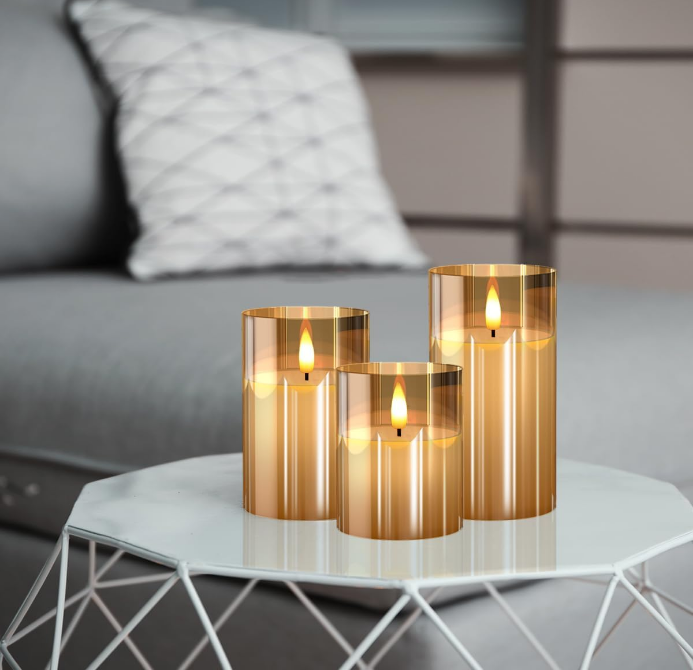 Glass Battery Operated LED Flameless Candles with Remote and Timer, Real Wax Candles Warm Color Flickering Light for Festival Wedding Home Party Decor(Pack of 3)-Gold