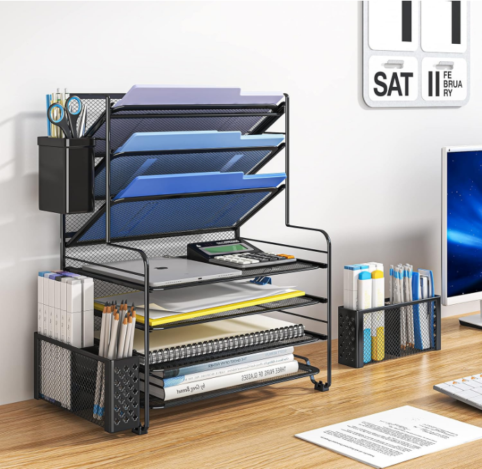 7 Tier Desk File Organizer, Letter Tray Paper Organizer with Pen Holder and Metal Hanging Basket, Black