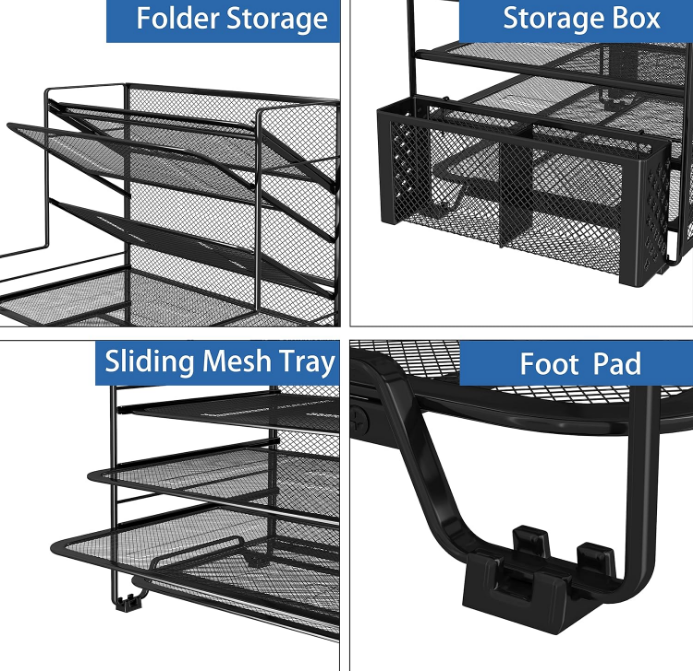 7 Tier Desk File Organizer, Letter Tray Paper Organizer with Pen Holder and Metal Hanging Basket, Black