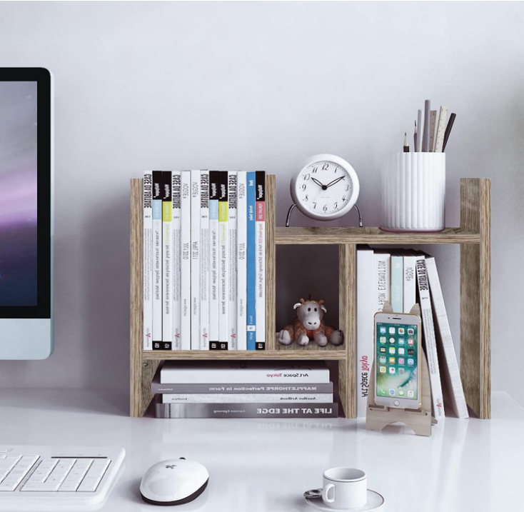 Desktop Organizer Office Storage Rack Adjustable Wood Display Shelf - Free Style Double H Display - Gray Oak